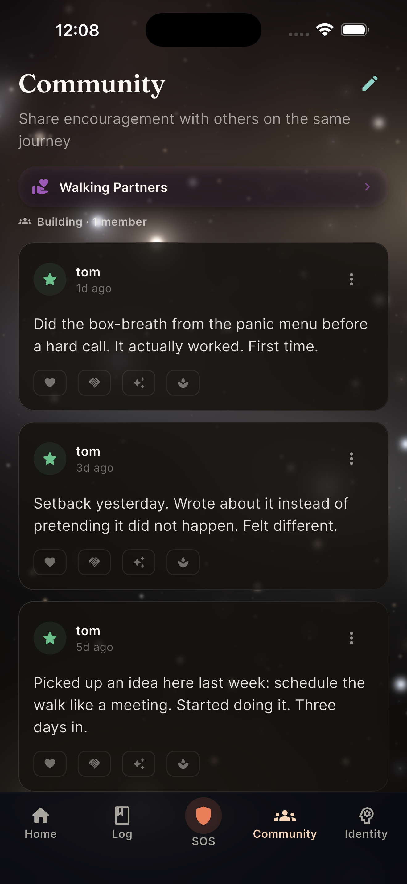 Pseudonymous community feed with cohort posts and accountability pairing