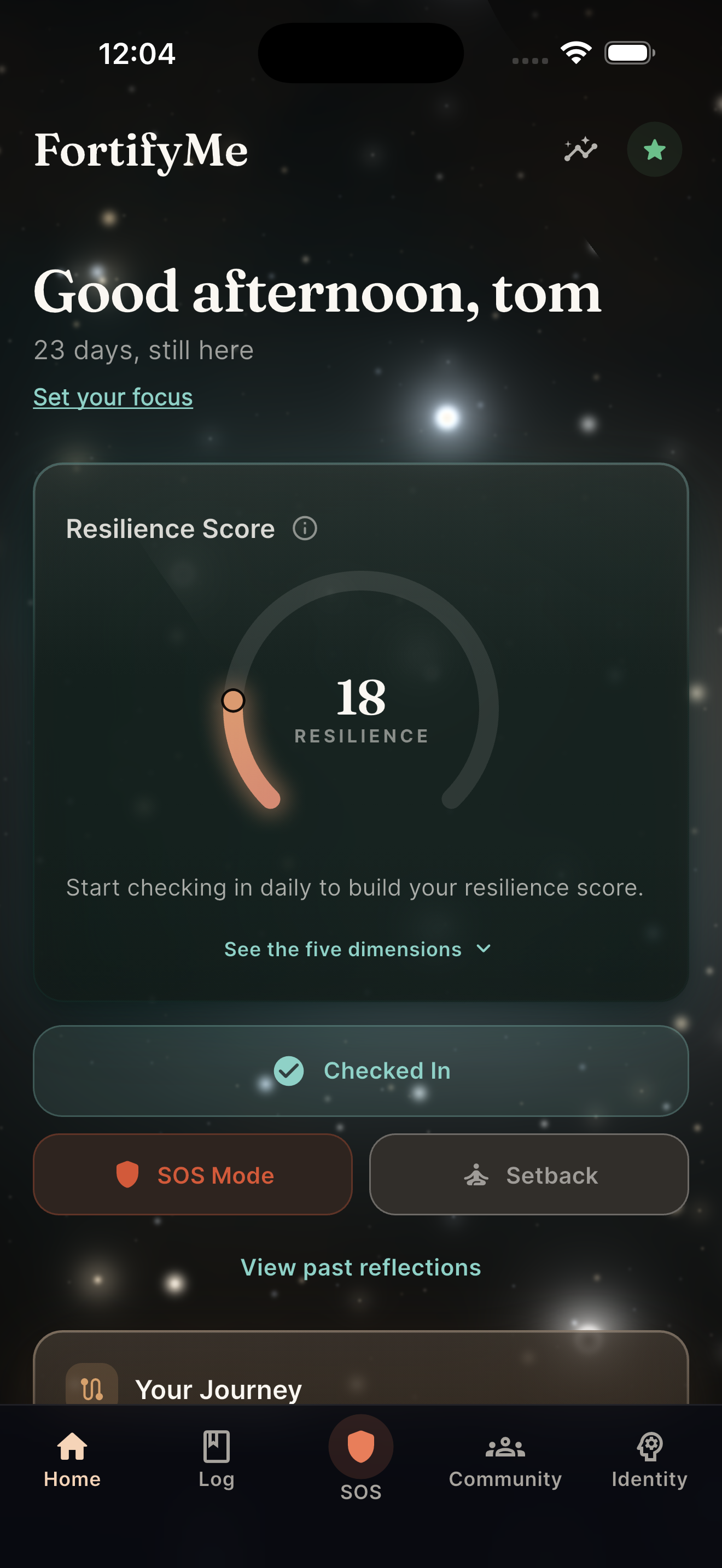 FortifyMe dashboard showing the current journey, resilience score, and a populated history