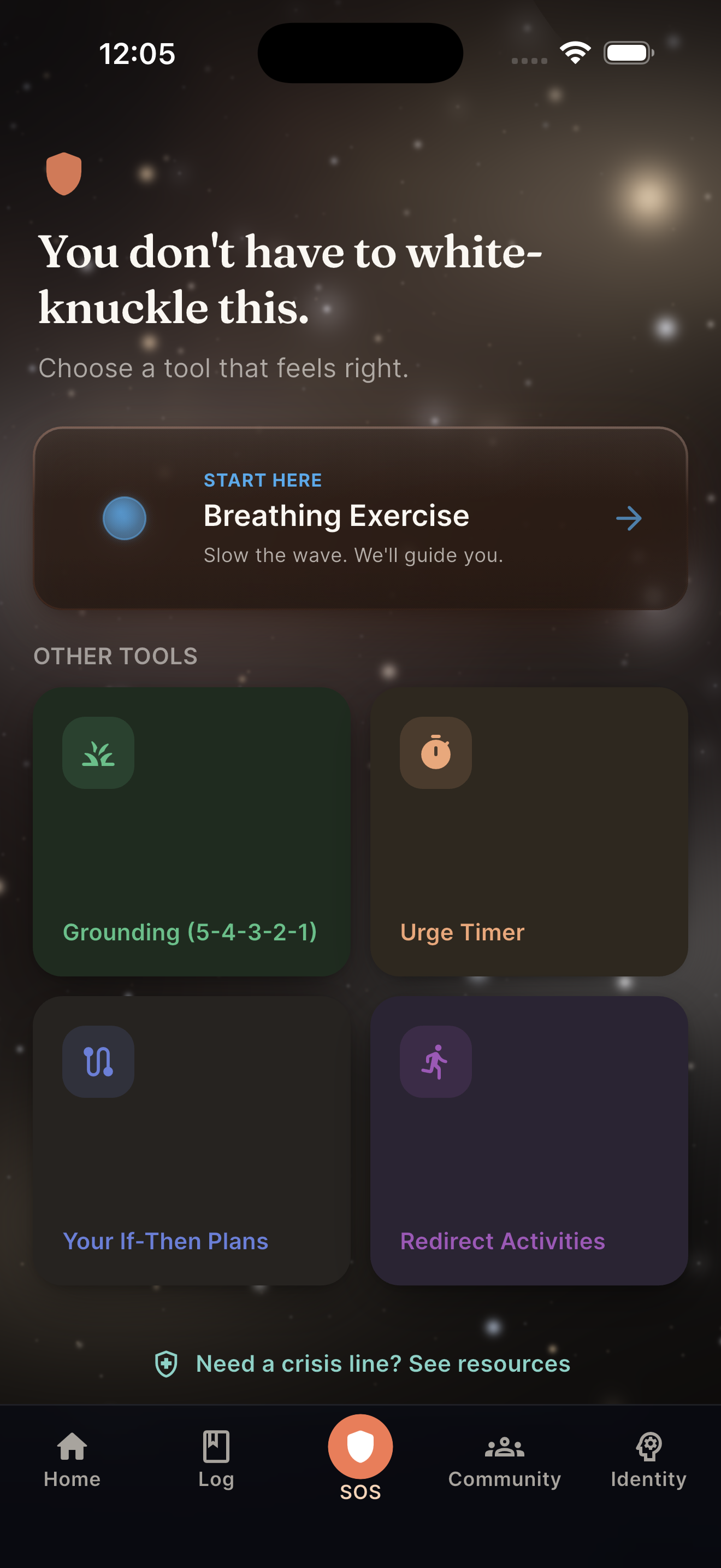SOS toolkit with breathing, grounding, urge timer, and redirect activities